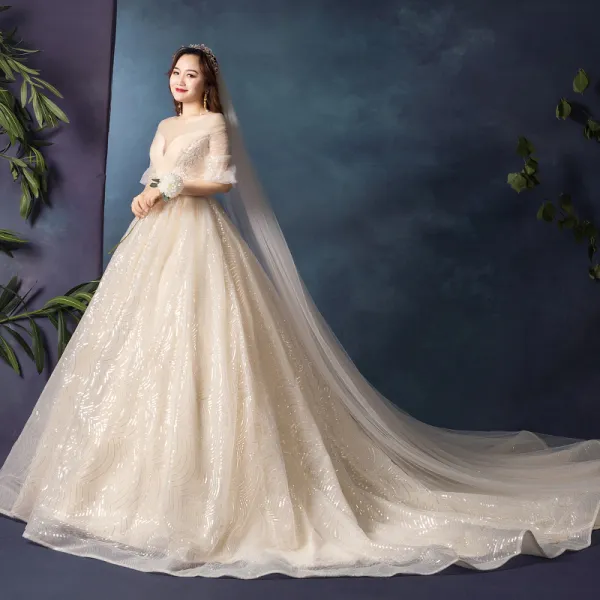 Sparkly Bling Bling Plus Size Champagne Wedding Dresses 2019 A-Line / Princess V-Neck 1/2 Sleeves Tulle Glitter Sequins Chapel Train