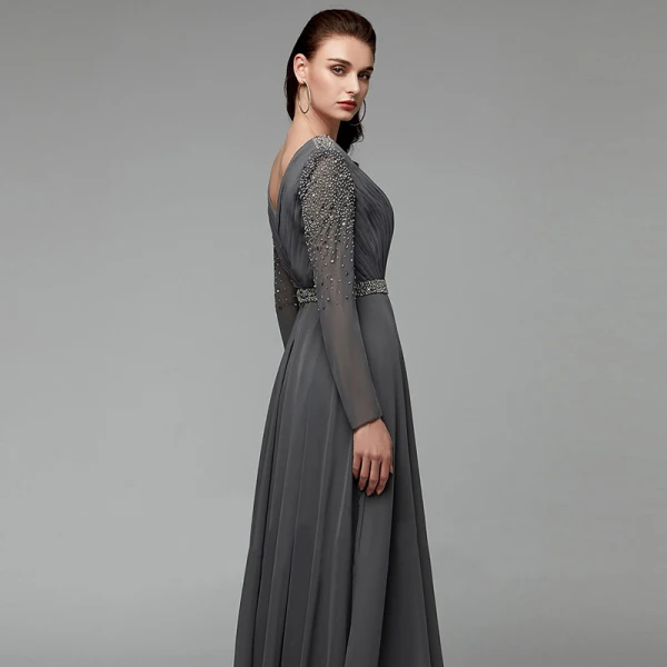 Modern / Fashion Sexy Grey Evening Dresses 2020 A-Line / Princess Deep V-Neck Floor-Length / Long Long Sleeve Backless Handmade Beading Crystal Sequins Cocktail Party Evening Party Formal Dresses
