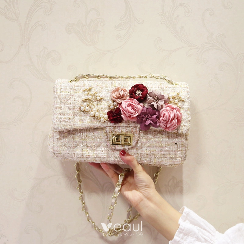 Moderne Mode Beige Pochette Perlage Fleur Perle Tissu Concours