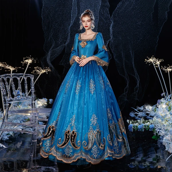 Vintage / Retro Medieval Best Royal Blue Ball Gown Prom Dresses 2021 Zipper Up 3/4 Sleeve Floor-Length / Long Square Neckline 3D Lace Handmade Beading Appliques Flower Rhinestone Cosplay Prom Formal Dresses
