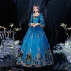 Vintage / Retro Medieval Best Royal Blue Ball Gown Prom Dresses 2021 Zipper Up 3/4 Sleeve Floor-Length / Long Square Neckline 3D Lace Handmade  Beading Appliques Flower Rhinestone Cosplay Prom Formal Dresses