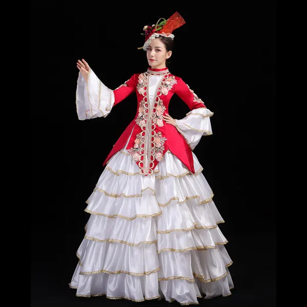 Vintage Średniowieczny Gotycka Czerwone Suknia Balowa Sukienki Na Bal 2021 Wysokiej Szyi Długie Rękawy Długie Koronki 3D Aplikacje Haftowane Kwiat Cosplay Sukienki Wizytowe