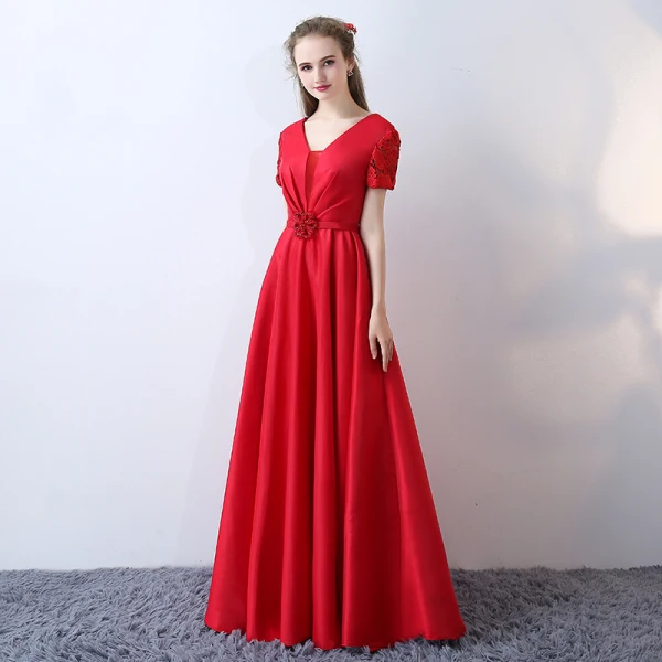 Chic / Beautiful Red Evening Dresses 2017 A-Line / Princess V-Neck Lace Striped Appliques Backless Embroidered Charmeuse Formal Dresses