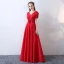 Chic / Beautiful Red Evening Dresses  2017 A-Line / Princess V-Neck Lace Striped Appliques Backless Embroidered Charmeuse Formal Dresses