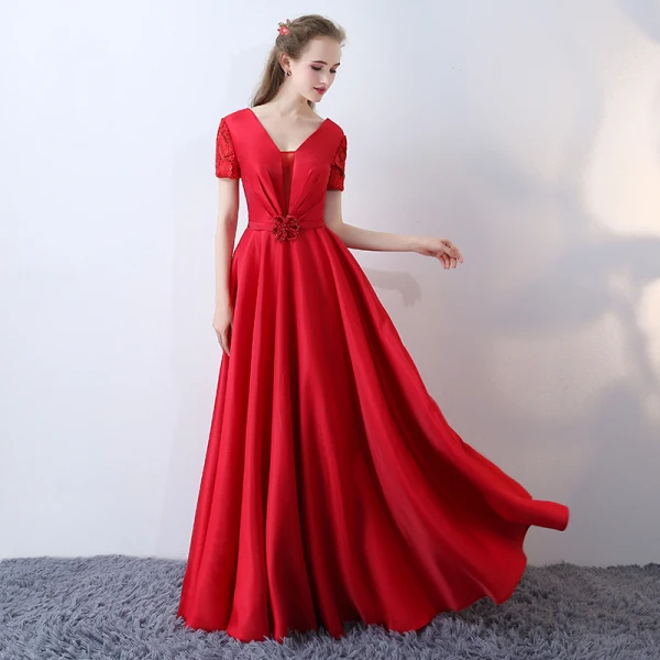 Chic / Beautiful Red Evening Dresses 2017 A-Line / Princess V-Neck Lace Striped Appliques Backless Embroidered Charmeuse Formal Dresses
