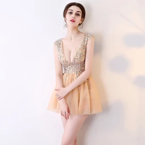 Chic Belle Champagne Robe De Graduation 2017 V Cou Dentelle Dos Nu Paillettes De Retour Princesse Soirée