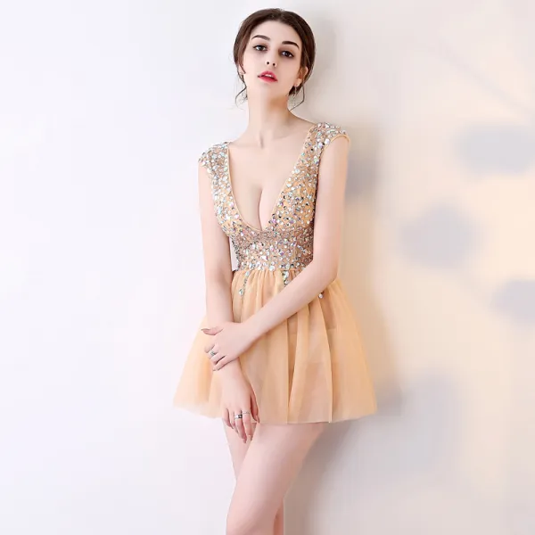 Chic / Beautiful Champagne Graduation Dresses 2017 V-Neck Lace Backless Sequins Homecoming A-Line / Princess Evening Party