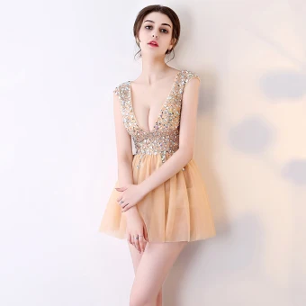 Chic Beautiful Champagne Graduation Dresses 2017 V Neck Lace Backless Sequins Homecoming A Line Princess Evening Party