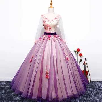 Fée Des Fleurs Violet Robe Boule Robe De Bal 2017 V Cou Tulle Appliques Dos Nu Perlage Promo Robe De Ceremonie