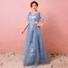 Amazing / Unique Ocean Blue Plus Size Evening Dresses  2018 A-Line / Princess Tulle V-Neck Spring Appliques Backless Crossed Straps Evening Party Formal Dresses