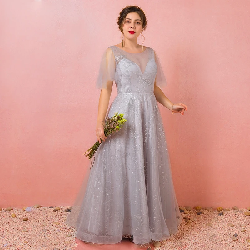 Bling Bling Silver Plus Size Prom Dresses 2018 A-Line Princess U-Neck Tulle Appliques