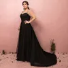 Modest / Simple Black Plus Size Prom Dresses 2018 A-Line / Princess Short Sleeve Crossed Straps Tulle U-Neck Printing Evening Party Evening Dresses