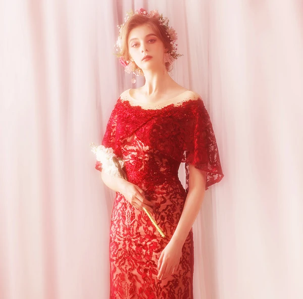 Charming Red Floor-Length / Long Evening Dresses 2018 Trumpet / Mermaid Tulle U-Neck Appliques Backless Beading Evening Party Formal Dresses