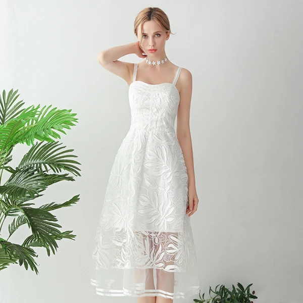 Chic / Beautiful White Tea-length Evening Dresses  2018 A-Line / Princess Lace Up Appliques Backless Evening Party Formal Dresses