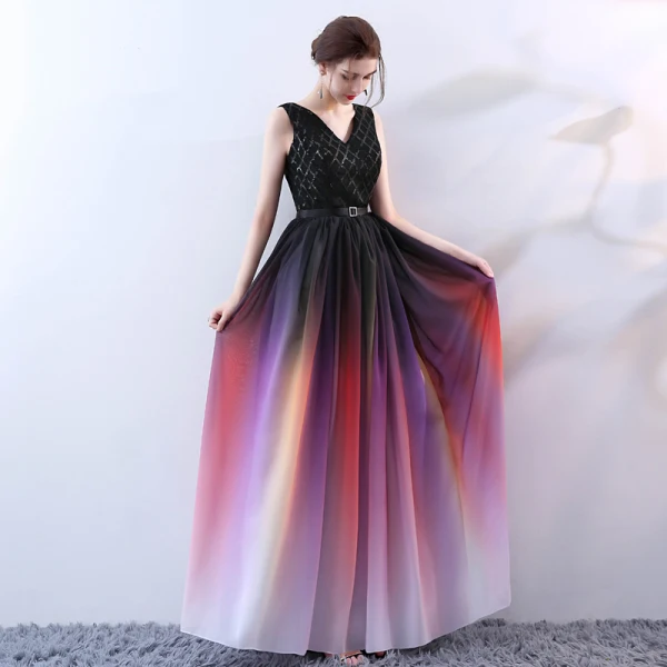 Modern / Fashion Multi-Colors Floor-Length / Long Evening Dresses 2018 A-Line / Princess V-Neck Tulle Backless Beading Sequins Evening Party Formal Dresses