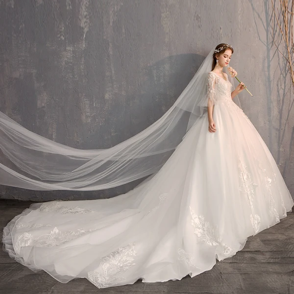 Luxury / Gorgeous White Ball Gown Wedding Dresses 2019 Tulle Lace V-Neck Appliques Backless Beading Pearl Sequins Cathedral Train Church Wedding