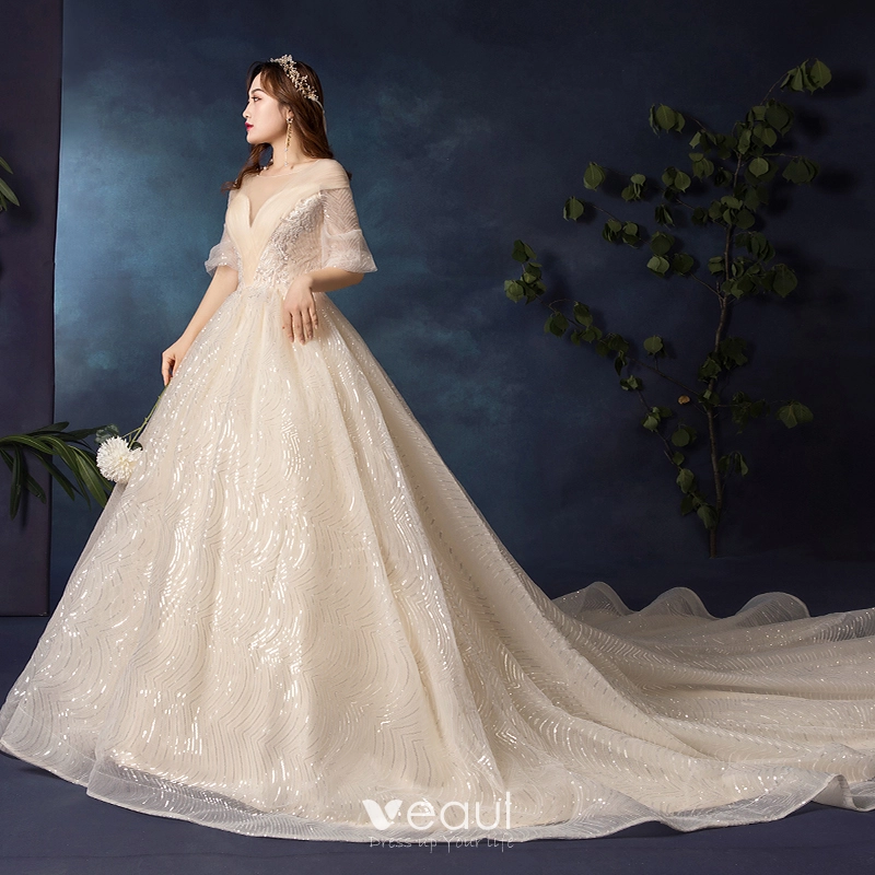 Sparkly Bling Bling Plus Size Champagne Wedding Dresses 2019 A-Line / Princess V-Neck 1/2 Sleeves Tulle Glitter Sequins Chapel Train