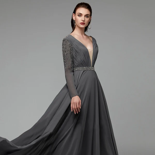 Modern / Fashion Sexy Grey Evening Dresses 2020 A-Line / Princess Deep V-Neck Floor-Length / Long Long Sleeve Backless Handmade Beading Crystal Sequins Cocktail Party Evening Party Formal Dresses