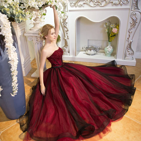 Modern / Fashion Burgundy Evening Dresses 2017 A-Line / Princess Tulle Backless Beading Handmade Evening Party Prom Formal Dresses