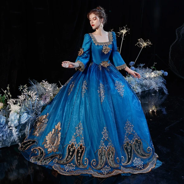 Vintage / Retro Medieval Best Royal Blue Ball Gown Prom Dresses 2021 Zipper Up 3/4 Sleeve Floor-Length / Long Square Neckline 3D Lace Handmade Beading Appliques Flower Rhinestone Cosplay Prom Formal Dresses