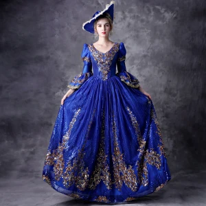 Vintage Mittelalterlich Bling Bling Königliches Blau Ballkleid Ballkleider 2021 V Ausschnitt Lange Lange Ärmel Gekreuzte Träger Handgefertigt Perlenstickerei Durchbohrt Satin Cosplay Ball Festliche Kleider