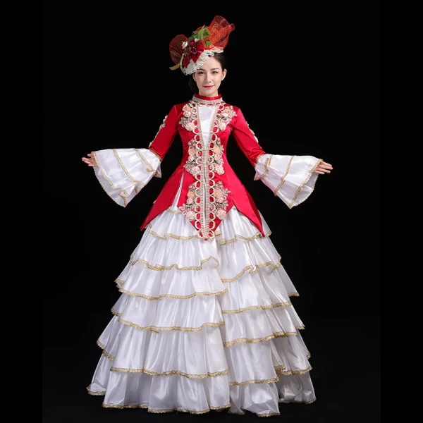 Vintage / Retro Medieval Gothic Red Ball Gown Prom Dresses 2021 High Neck Long Sleeve Floor-Length / Long 3D Lace Appliques Embroidered Flower Cosplay Formal Dresses