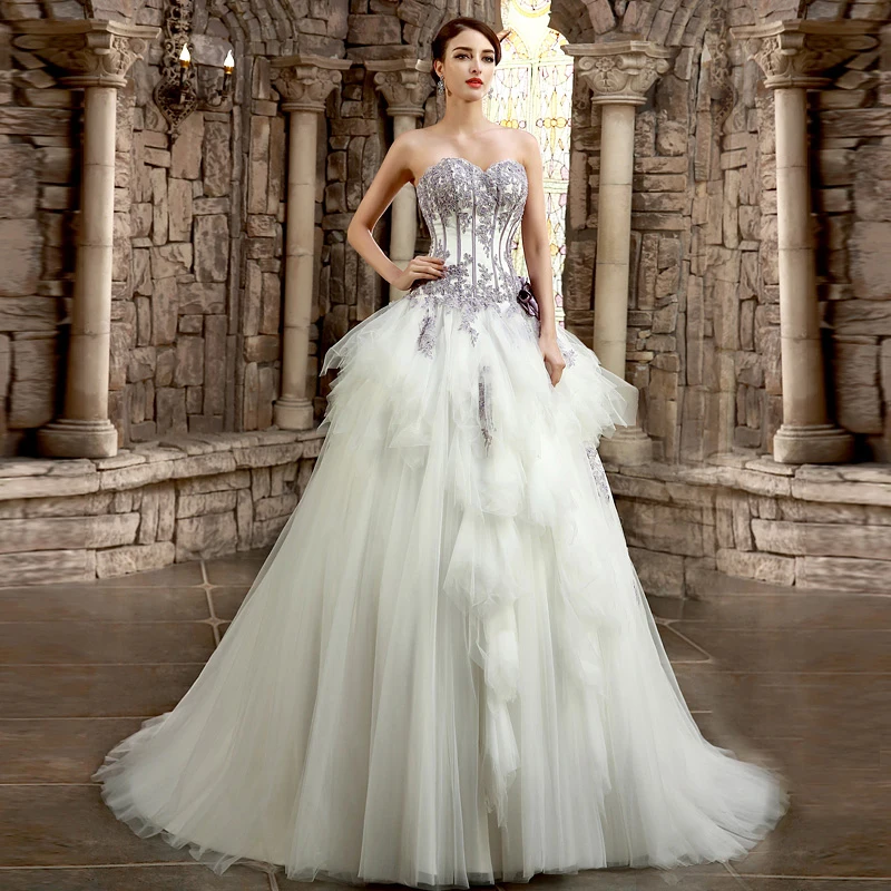 Romantic White Purple Wedding Dresses 2017 Organza Rhinestone Appliques Corset  Pearl Wedding
