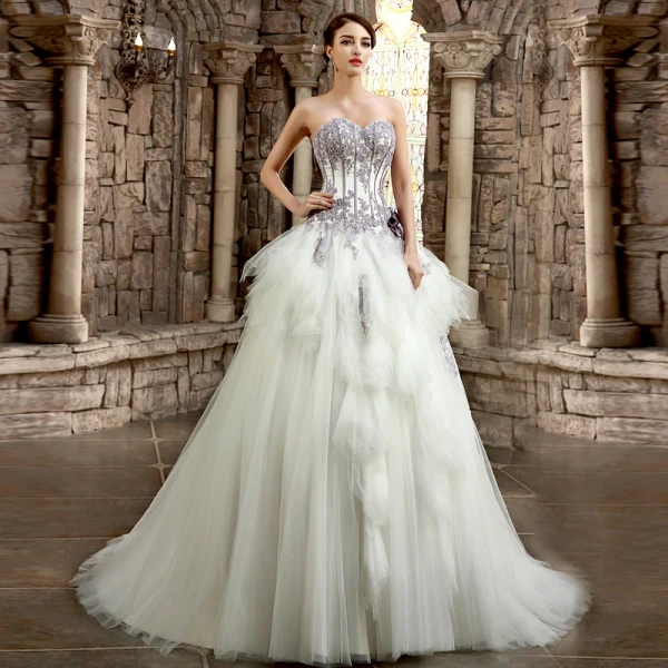 Romantic White Purple Wedding Dresses 2017 Organza Rhinestone Appliques Corset Pearl Wedding
