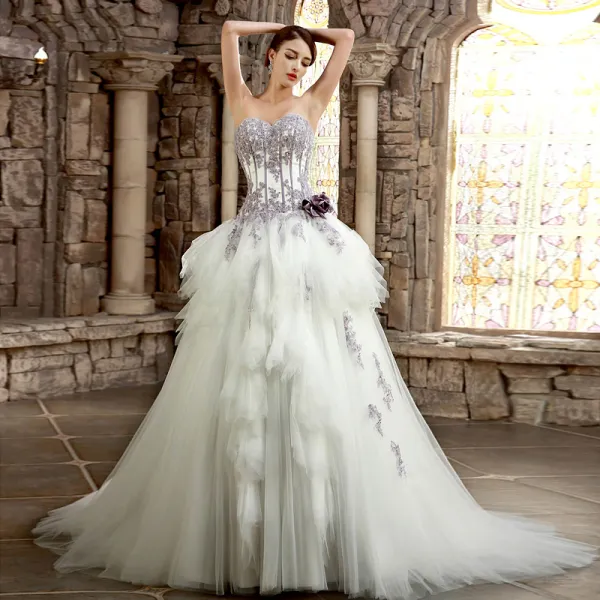Romantic White Purple Wedding Dresses 2017 Organza Rhinestone Appliques Corset Pearl
