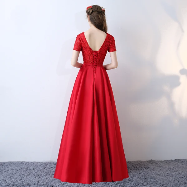 Chic / Beautiful Red Evening Dresses 2017 A-Line / Princess V-Neck Lace Striped Appliques Backless Embroidered Charmeuse Formal Dresses