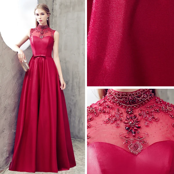Modern / Fashion Burgundy Evening Dresses 2018 A-Line / Princess High Neck Charmeuse Backless Beading Rhinestone Evening Party Formal Dresses