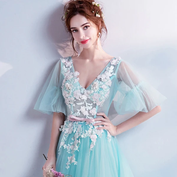 Chic / Beautiful Sky Blue Prom Dresses 2017 A-Line / Princess V-Neck Tulle Appliques Backless Beading Prom Formal Dresses