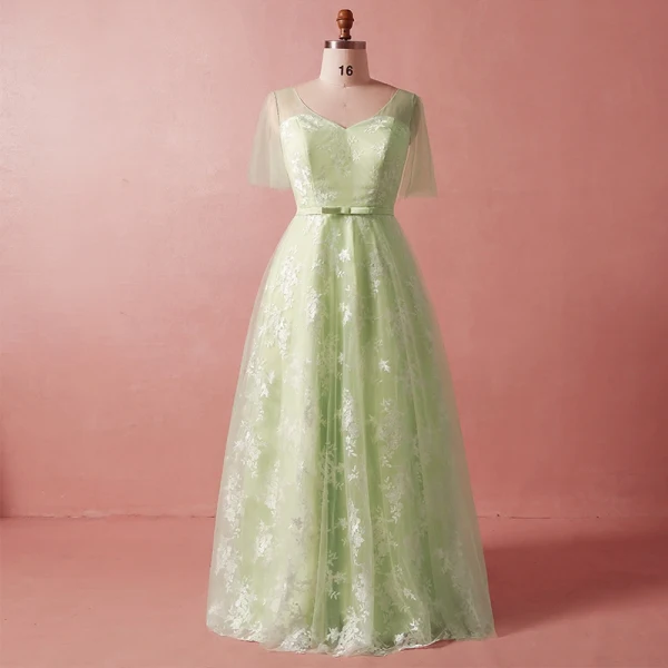 Chic / Beautiful Green Plus Size Evening Dresses 2018 Summer A-Line / Princess 1/2 Sleeves Crossed Straps Sash V-Neck Tulle Appliques Backless Evening