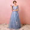 Amazing / Unique Ocean Blue Plus Size Evening Dresses  2018 A-Line / Princess Tulle V-Neck Spring Appliques Backless Crossed Straps Evening Party Formal Dresses