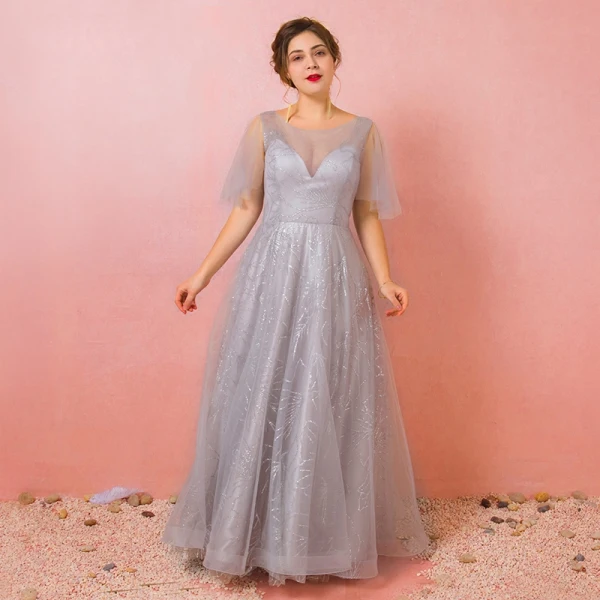 Bling Bling Silver Plus Size Prom Dresses 2018 A Line Princess U Neck Tulle  Appliques Backless Beading Sequins Prom Evening Party Evening Dresses