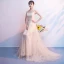 Chic / Beautiful Court Train Champagne Evening Dresses  2018 A-Line / Princess U-Neck Tulle Zipper Up Appliques Backless Embroidered Formal Dresses
