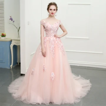 Flower Fairy Blushing Pink Chapel Train Evening Dresses 2018 A Line Princess Tulle Appliques Backless Strapless Evening Party Prom Dresses