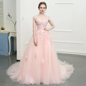 Flower Fairy Blushing Pink Chapel Train Evening Dresses 2018 A Line Princess Tulle Appliques Backless Strapless Evening Party Prom Dresses