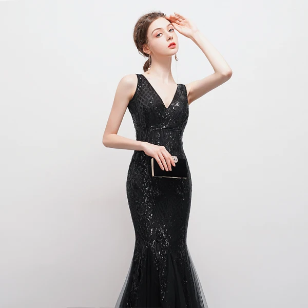 Sexy Bling Bling Black Floor-Length / Long Evening Dresses  2018 Trumpet / Mermaid Tulle V-Neck Backless Beading Sequins Formal Dresses