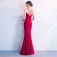 Amazing / Unique Red Evening Dresses  Floor-Length / Long 2018 Trumpet / Mermaid V-Neck Charmeuse Appliques Backless Beading Formal Dresses