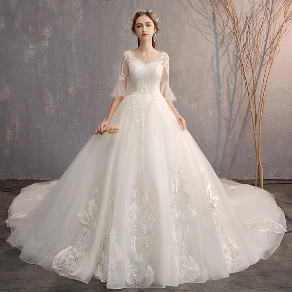 Luxury / Gorgeous White Ball Gown Wedding Dresses 2019 Tulle Lace V-Neck Appliques Backless Beading Pearl Sequins Cathedral Train Church Wedding