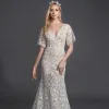 Modern / Fashion Sexy White Wedding Dresses 2020 Trumpet / Mermaid V-Neck Short Sleeve 3D Lace See-through Sweep Train Wedding