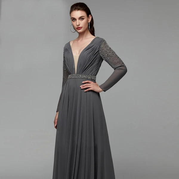 Modern / Fashion Sexy Grey Evening Dresses 2020 A-Line / Princess Deep V-Neck Floor-Length / Long Long Sleeve Backless Handmade Beading Crystal Sequins Cocktail Party Evening Party Formal Dresses