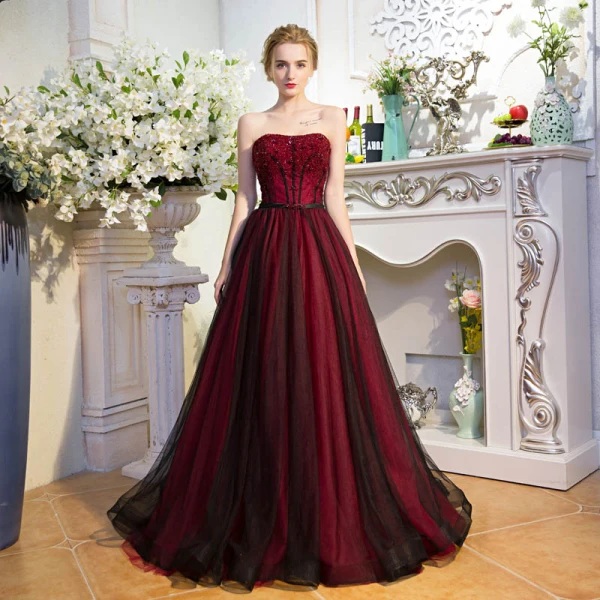 Modern / Fashion Burgundy Evening Dresses 2017 A-Line / Princess Tulle Backless Beading Handmade Evening Party Prom Formal Dresses