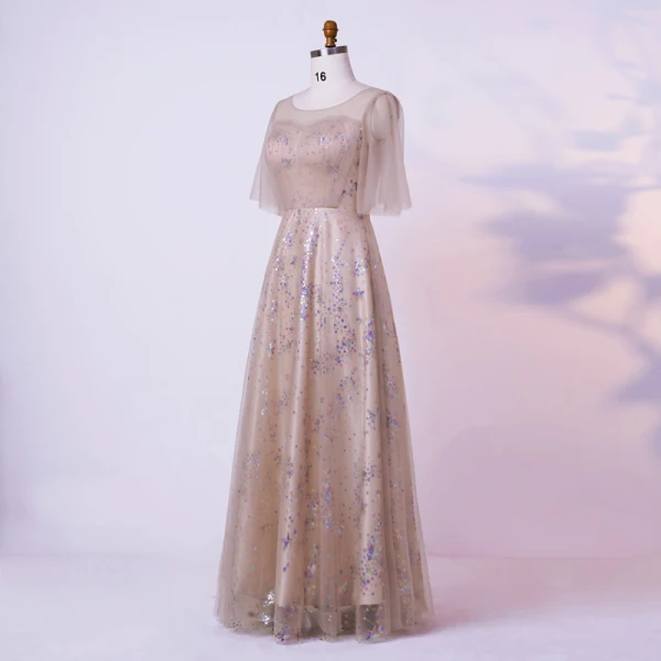 Bling Bling Sparkly Champagne Plus Size Evening Dresses 2020 A-Line / Princess U-Neck Floor-Length / Long Beading Sequins Short Sleeve Evening Party Formal Dresses