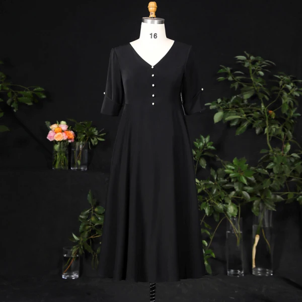 Classic Elegant Black Plus Size Evening Dresses 2021 A-Line / Princess V-Neck 1/2 Sleeves Satin Buckle Pearl Solid Color Evening Party Short Formal Classic Elegant Black Plus Size Evening Dresses 2021 A-Line / Princess V-Neck 1/2 Sleeves Satin Buckle Pearl Solid Color Evening Party Short Formal
