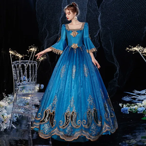 Vintage / Retro Medieval Best Royal Blue Ball Gown Prom Dresses 2021 Zipper Up 3/4 Sleeve Floor-Length / Long Square Neckline 3D Lace Handmade  Beading Appliques Flower Rhinestone Cosplay Prom Formal Dresses
