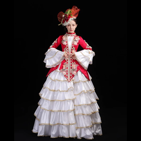 Vintage / Retro Medieval Gothic Red Ball Gown Prom Dresses 2021 High Neck Long Sleeve Floor-Length / Long 3D Lace Appliques Embroidered Flower Cosplay Formal Dresses