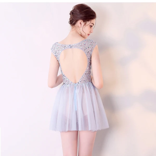 Chic / Beautiful Champagne Graduation Dresses 2017 V-Neck Lace Backless Sequins Homecoming A-Line / Princess Evening Party