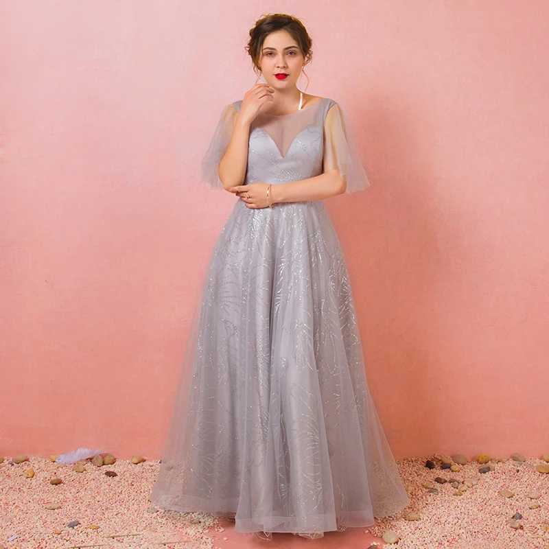 Bling Bling Silver Plus Size Prom Dresses 2018 A-Line Princess U-Neck Tulle Appliques